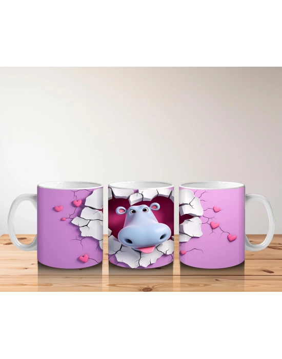 Çocuklara Sütü Sevdiren Kalp Çerçevesindeki Meraklı Su Aygırı Kupa Bardak