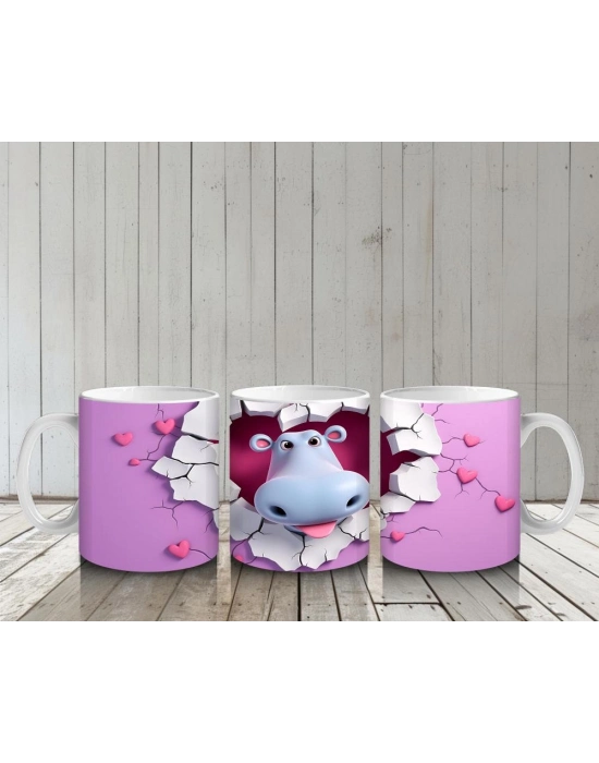 Çocuklara Sütü Sevdiren Kalp Çerçevesindeki Meraklı Su Aygırı Kupa Bardak