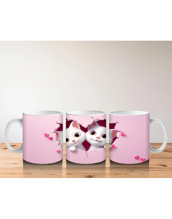 Çocuklara Sütü Sevdiren Kalp Çerçevesinden Bakan İki Sevimli Kedi Kupa Bardak