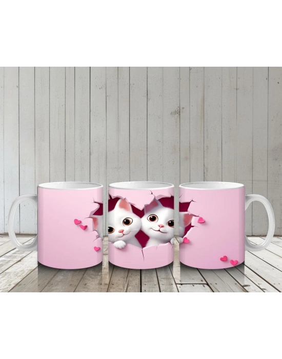 Çocuklara Sütü Sevdiren Kalp Çerçevesinden Bakan İki Sevimli Kedi Kupa Bardak