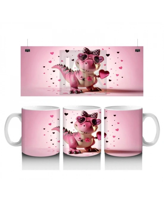 Çocuklara Sütü Sevdiren Kalp Çerçevesinden Bakan Pembe Dinozor Kupa Bardak