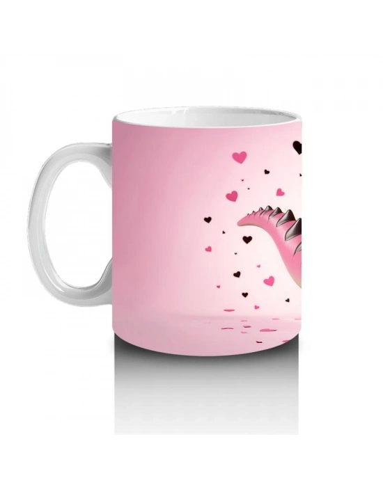 Çocuklara Sütü Sevdiren Kalp Çerçevesinden Bakan Pembe Dinozor Kupa Bardak