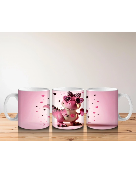 Çocuklara Sütü Sevdiren Kalp Çerçevesinden Bakan Pembe Dinozor Kupa Bardak