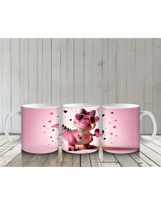 Çocuklara Sütü Sevdiren Kalp Çerçevesinden Bakan Pembe Dinozor Kupa Bardak