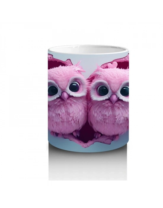 Çocuklara Sütü Sevdiren Kalp Çerçevesinden Bakan Pembemsi Baykuş Çifti Kupa Bardak