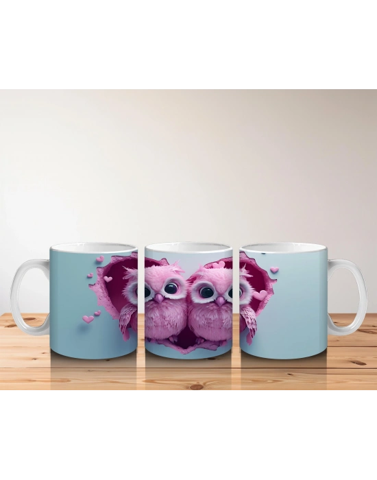 Çocuklara Sütü Sevdiren Kalp Çerçevesinden Bakan Pembemsi Baykuş Çifti Kupa Bardak