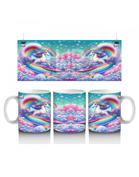 Çocuklara Sütü Sevdiren Kalplerle Dans Eden Gökkuşağı Unicorn Kupa Bardak