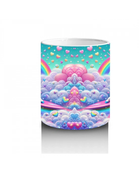 Çocuklara Sütü Sevdiren Kalplerle Dans Eden Gökkuşağı Unicorn Kupa Bardak