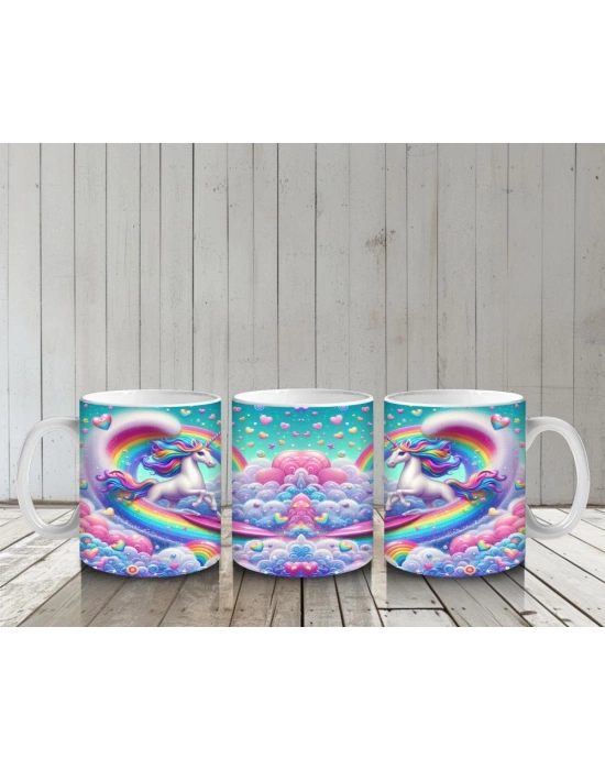 Çocuklara Sütü Sevdiren Kalplerle Dans Eden Gökkuşağı Unicorn Kupa Bardak