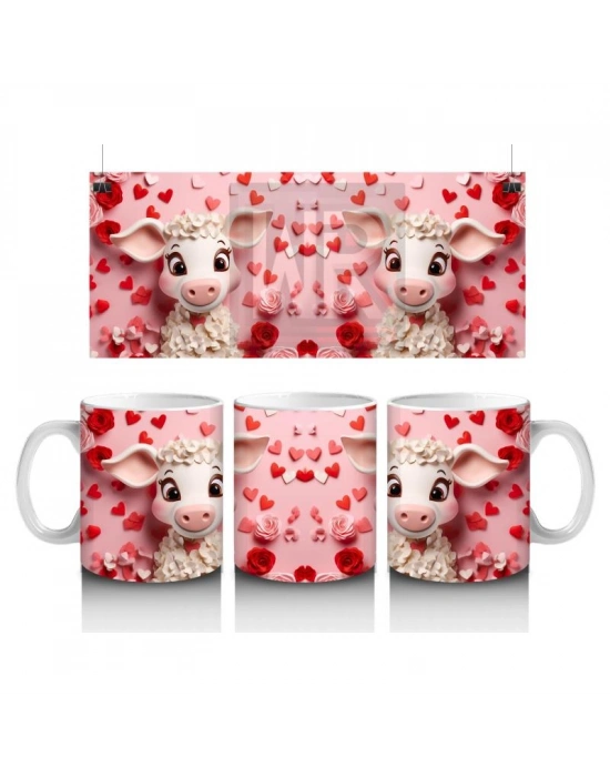 Çocuklara Sütü Sevdiren Kalpli Arka Planlı Sevimli Kuzu Desenli Kupa Bardak