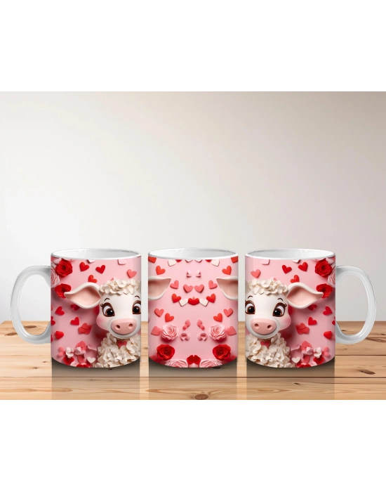 Çocuklara Sütü Sevdiren Kalpli Arka Planlı Sevimli Kuzu Desenli Kupa Bardak