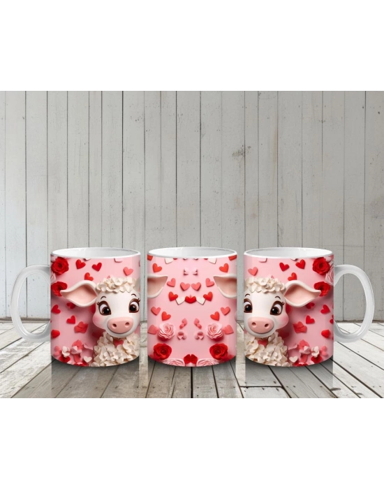 Çocuklara Sütü Sevdiren Kalpli Arka Planlı Sevimli Kuzu Desenli Kupa Bardak