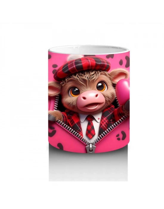 Çocuklara Sütü Sevdiren Kalpli Ceketli Buzağı Desenli Kupa Bardak