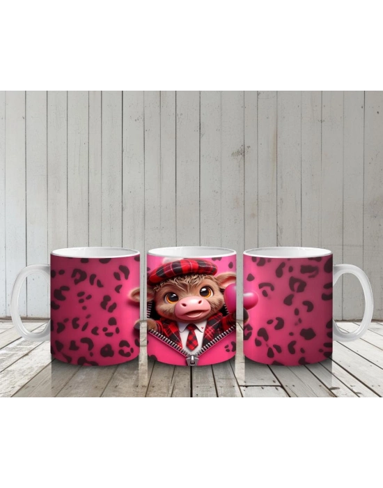 Çocuklara Sütü Sevdiren Kalpli Ceketli Buzağı Desenli Kupa Bardak