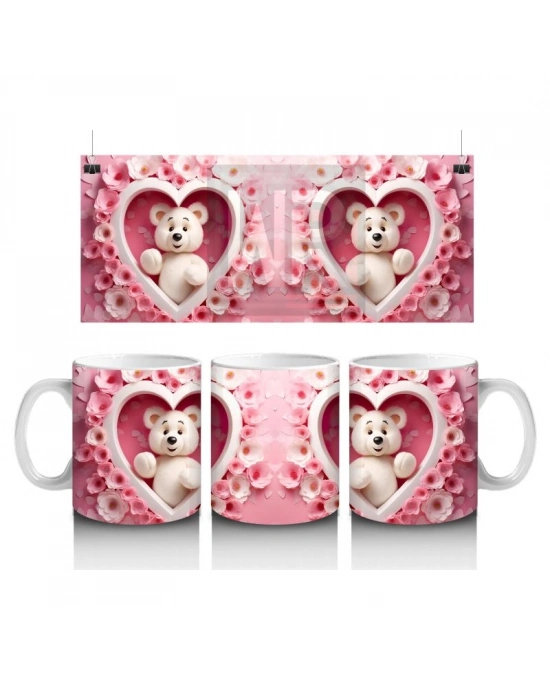 Çocuklara Sütü Sevdiren Kalpli Çerçevede Beyaz Ayıcık Desenli Kupa Bardak