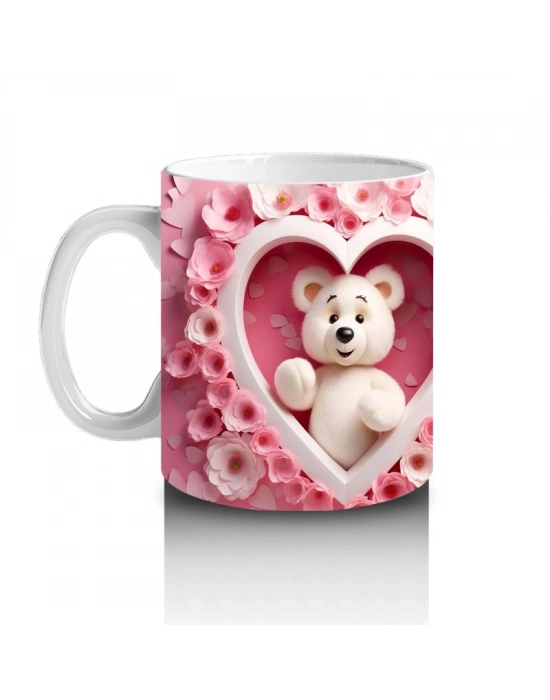 Çocuklara Sütü Sevdiren Kalpli Çerçevede Beyaz Ayıcık Desenli Kupa Bardak