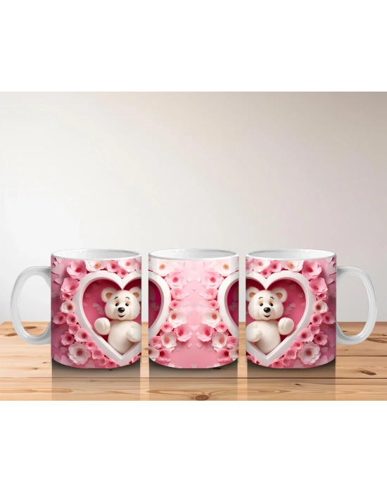 Çocuklara Sütü Sevdiren Kalpli Çerçevede Beyaz Ayıcık Desenli Kupa Bardak