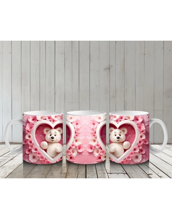 Çocuklara Sütü Sevdiren Kalpli Çerçevede Beyaz Ayıcık Desenli Kupa Bardak