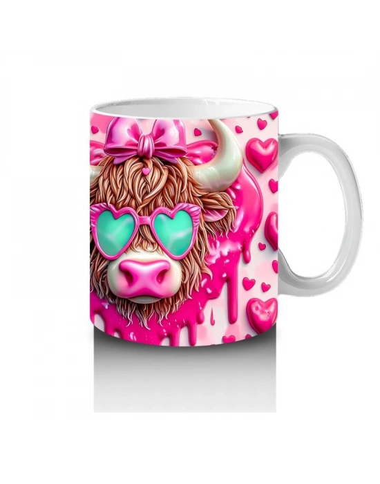 Çocuklara Sütü Sevdiren Kalpli Gözlüklü Pembe Fiyonklu İnek Desenli Kupa Bardak