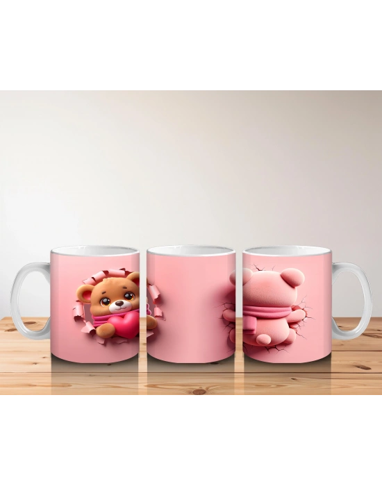 Çocuklara Sütü Sevdiren Kalpli Sevimli Ayıcık Desenli Kupa Bardak