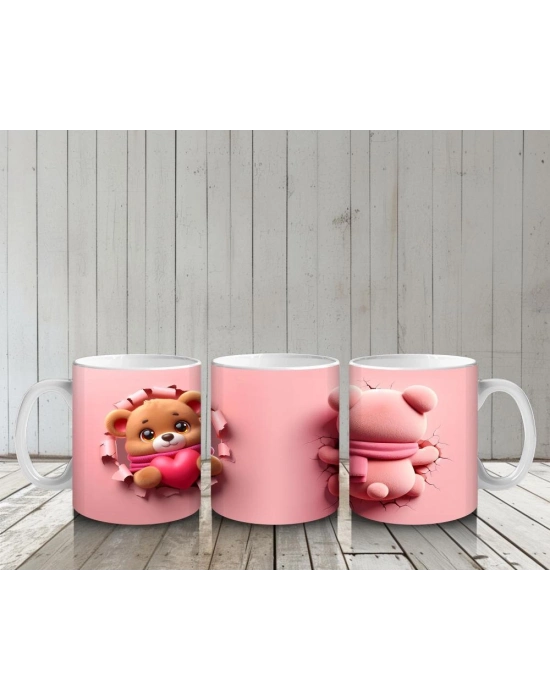 Çocuklara Sütü Sevdiren Kalpli Sevimli Ayıcık Desenli Kupa Bardak