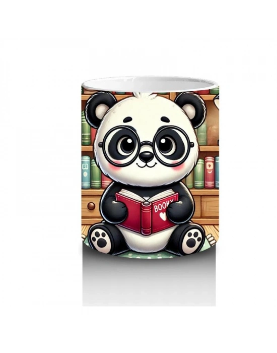 Çocuklara Sütü Sevdiren Kitap Okuyan Sevimli Panda Desenli Kupa Bardak