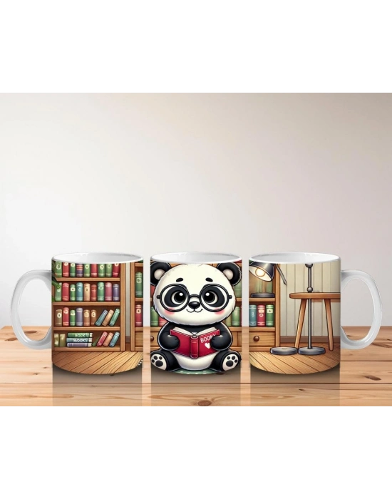 Çocuklara Sütü Sevdiren Kitap Okuyan Sevimli Panda Desenli Kupa Bardak