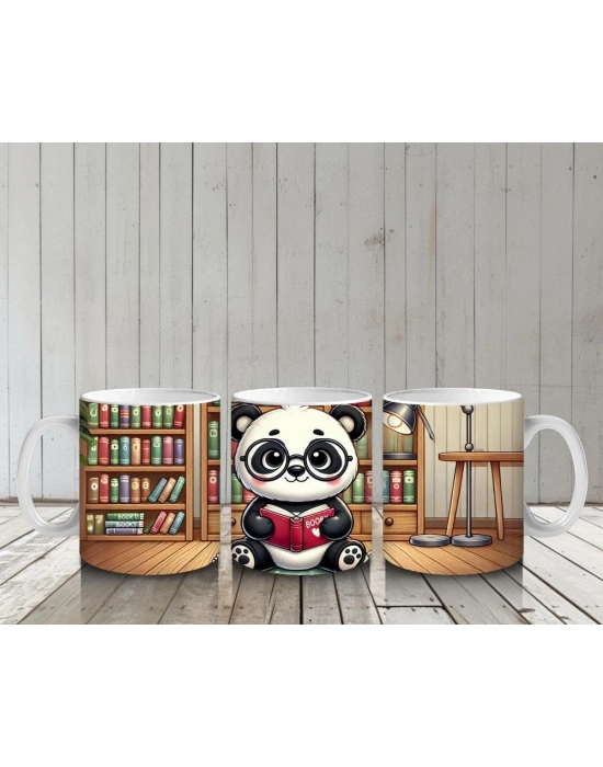 Çocuklara Sütü Sevdiren Kitap Okuyan Sevimli Panda Desenli Kupa Bardak