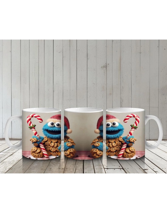 Çocuklara Sütü Sevdiren Kurabiye Canavarı ve Baston Şeker Desenli Kupa Bardak