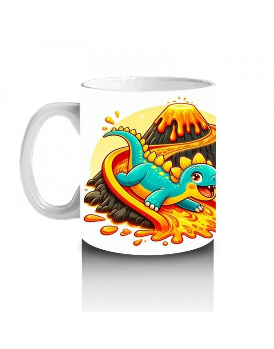 Çocuklara Sütü Sevdiren Lav Kaydırağında Kayarken Neşelenen Dinozor Desenli Kupa Bardak