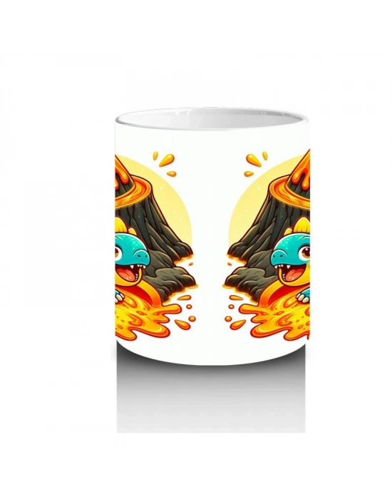 Çocuklara Sütü Sevdiren Lav Kaydırağında Kayarken Neşelenen Dinozor Desenli Kupa Bardak