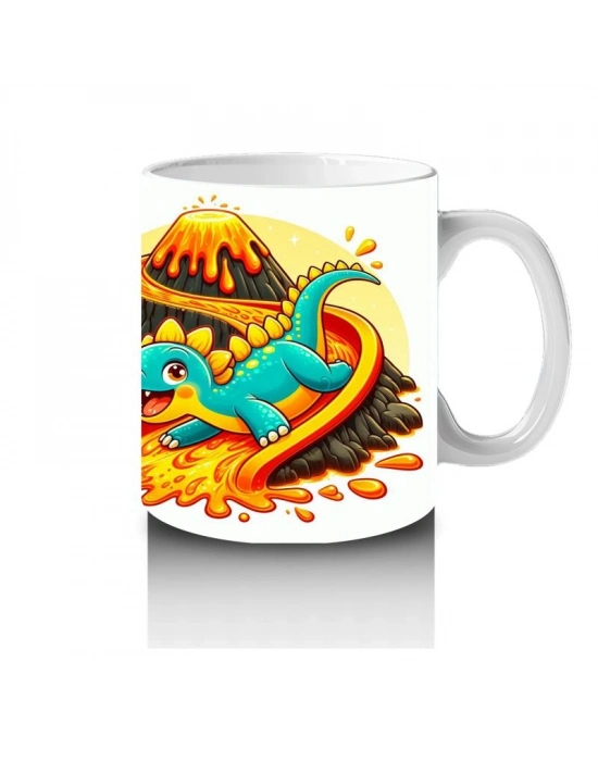 Çocuklara Sütü Sevdiren Lav Kaydırağında Kayarken Neşelenen Dinozor Desenli Kupa Bardak