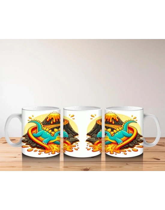 Çocuklara Sütü Sevdiren Lav Kaydırağında Kayarken Neşelenen Dinozor Desenli Kupa Bardak