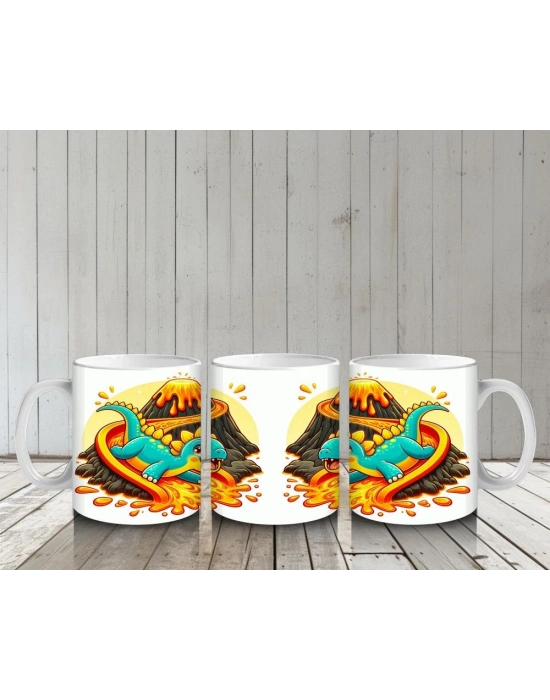 Çocuklara Sütü Sevdiren Lav Kaydırağında Kayarken Neşelenen Dinozor Desenli Kupa Bardak