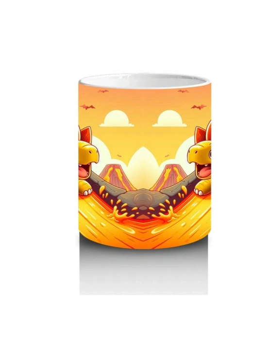 Çocuklara Sütü Sevdiren Lav Kaydıraklarında Kayak Keyfi Yapan Dinozor Desenli Kupa Bardak