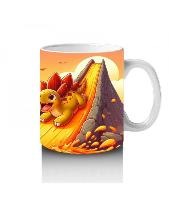 Çocuklara Sütü Sevdiren Lav Kaydıraklarında Kayak Keyfi Yapan Dinozor Desenli Kupa Bardak