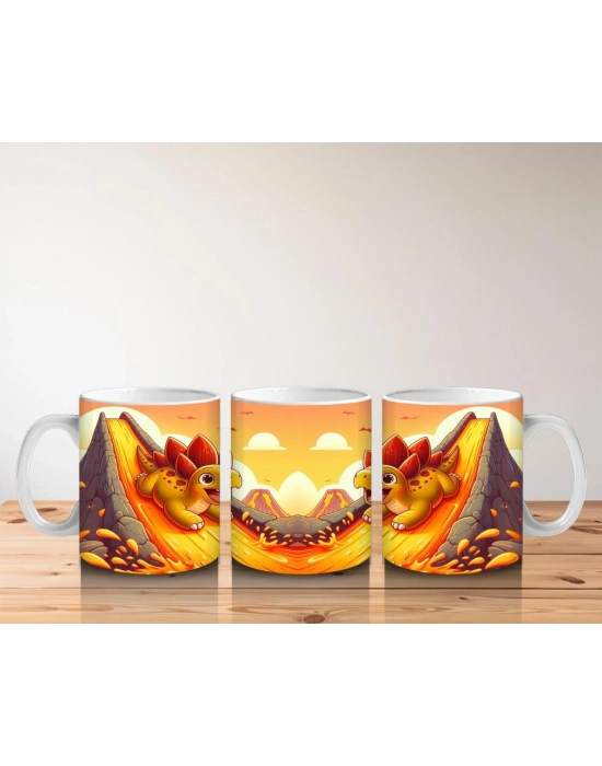 Çocuklara Sütü Sevdiren Lav Kaydıraklarında Kayak Keyfi Yapan Dinozor Desenli Kupa Bardak