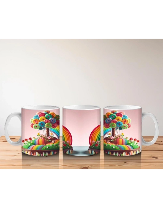 Çocuklara Sütü Sevdiren Lolipop Ağaçlı Gökkuşağı Ada Kupa Bardak