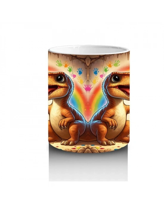 Çocuklara Sütü Sevdiren Mağara Duvarına Gökkuşağı Çizen Sevimli Dinozor Desenli Kupa Bardak
