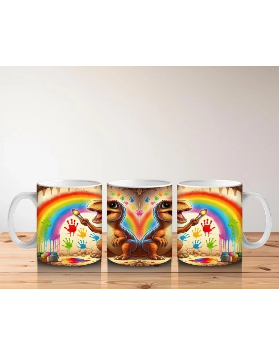 Çocuklara Sütü Sevdiren Mağara Duvarına Gökkuşağı Çizen Sevimli Dinozor Desenli Kupa Bardak