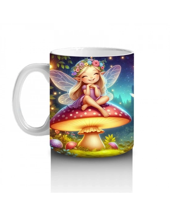 Çocuklara Sütü Sevdiren Mantar Üstünde Oturan Çiçek Taçlı Peri Desenli Kupa Bardak