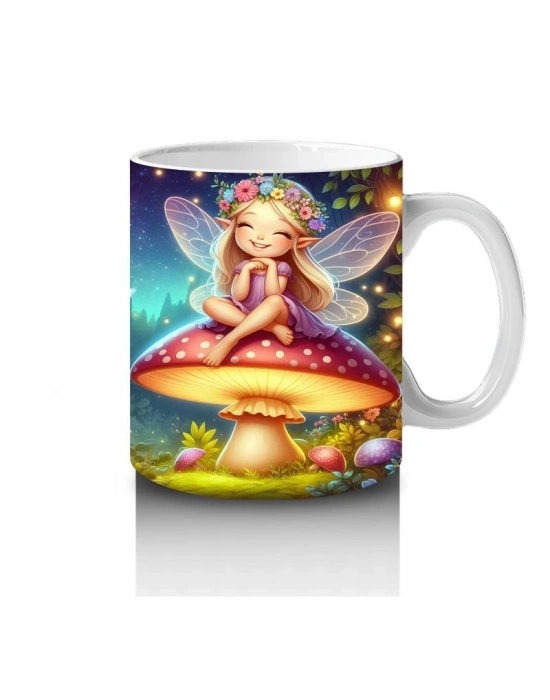 Çocuklara Sütü Sevdiren Mantar Üstünde Oturan Çiçek Taçlı Peri Desenli Kupa Bardak