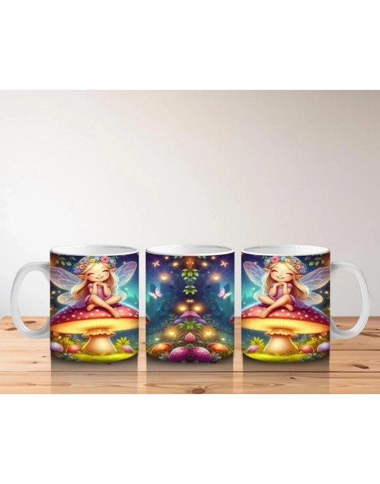 Çocuklara Sütü Sevdiren Mantar Üstünde Oturan Çiçek Taçlı Peri Desenli Kupa Bardak