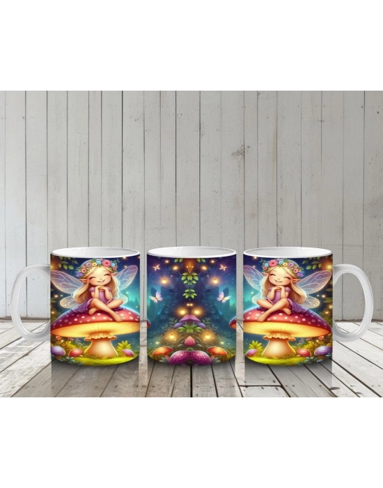 Çocuklara Sütü Sevdiren Mantar Üstünde Oturan Çiçek Taçlı Peri Desenli Kupa Bardak