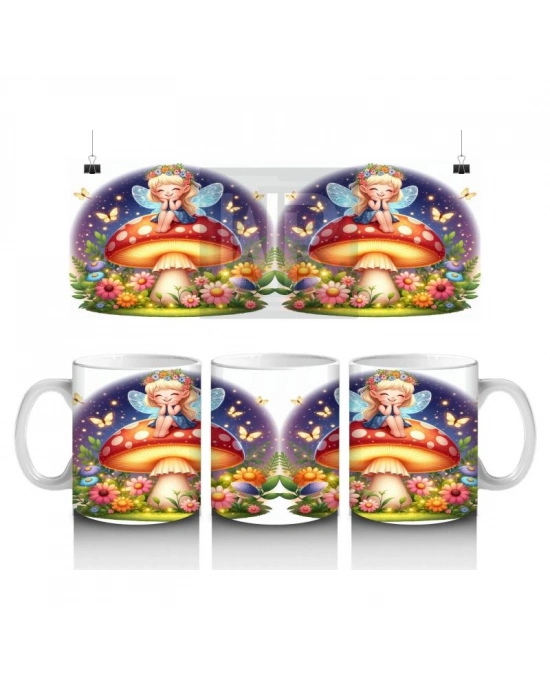 Çocuklara Sütü Sevdiren Mantar Üstünde Oturan Peri Kız Desenli Kupa Bardak