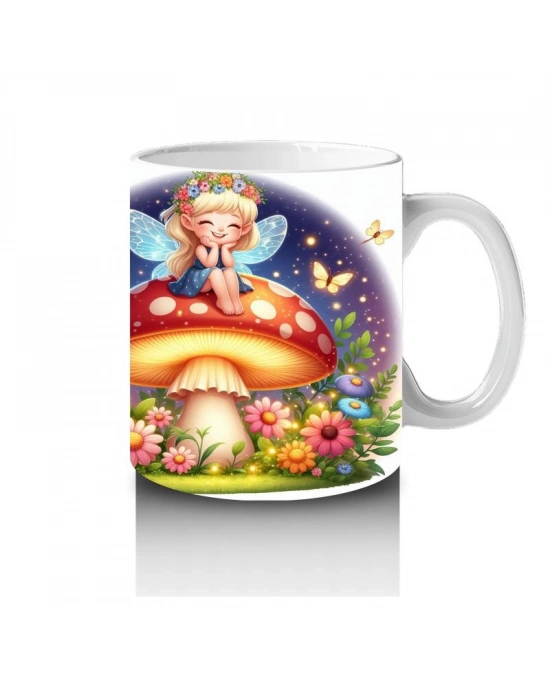 Çocuklara Sütü Sevdiren Mantar Üstünde Oturan Peri Kız Desenli Kupa Bardak