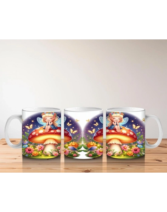 Çocuklara Sütü Sevdiren Mantar Üstünde Oturan Peri Kız Desenli Kupa Bardak
