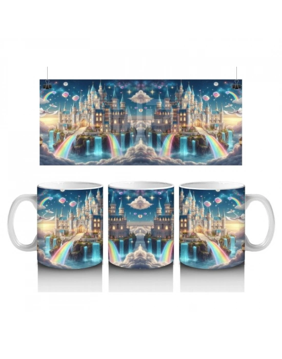 Çocuklara Sütü Sevdiren Masalsı Gökkuşağılı Şato Desenli Kupa Bardak