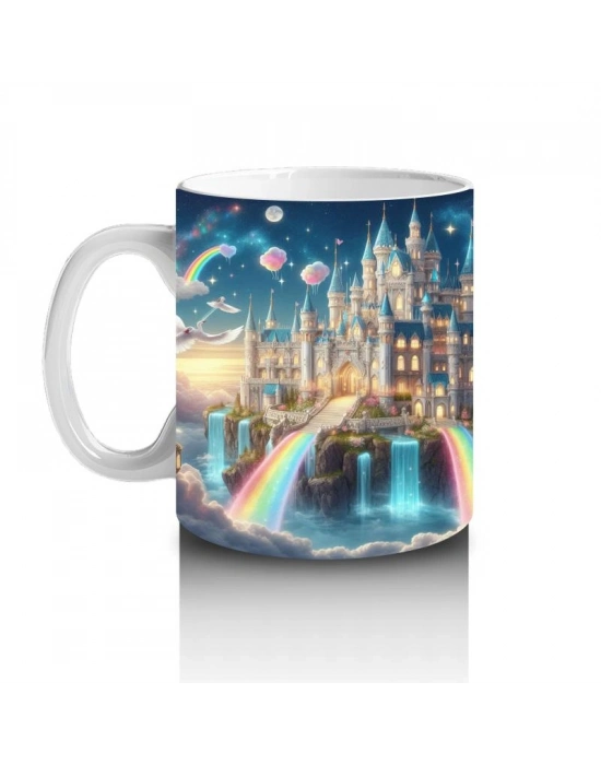 Çocuklara Sütü Sevdiren Masalsı Gökkuşağılı Şato Desenli Kupa Bardak