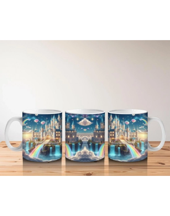 Çocuklara Sütü Sevdiren Masalsı Gökkuşağılı Şato Desenli Kupa Bardak